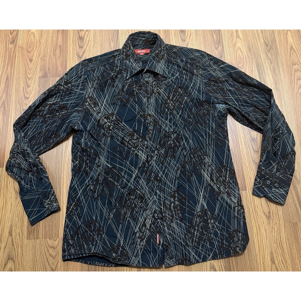 Report Collection Shirt Mens Large Flocked Baroque Scroll Abstract Navy